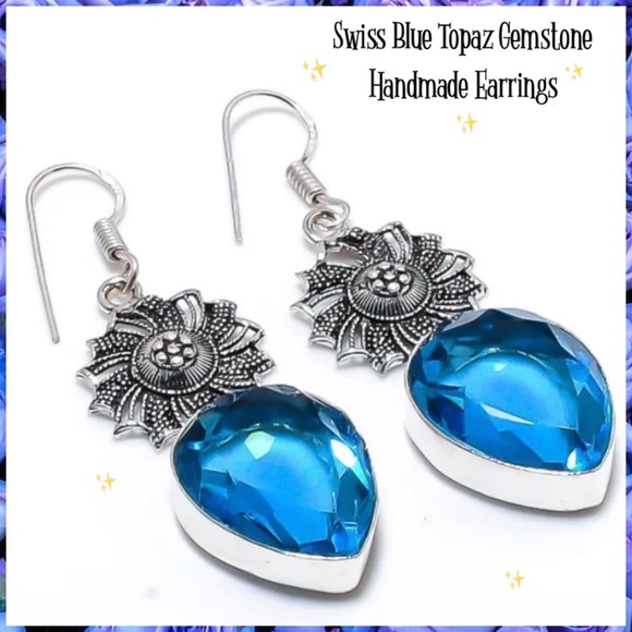 Sensational Swiss Blue Topaz Gemstone Handmade Earrings - Picture 1 of 3